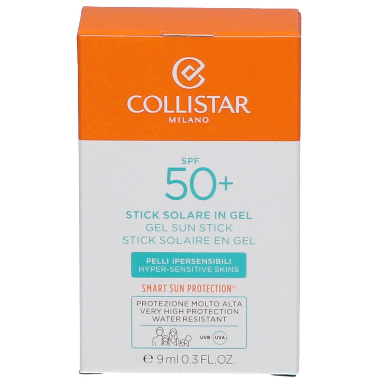Emballage blanc avec dessus orange. Texte: SPF 50+, Stick Solaire in Gel, 9ml, pour peaux sensibles. Marque: Collistar.