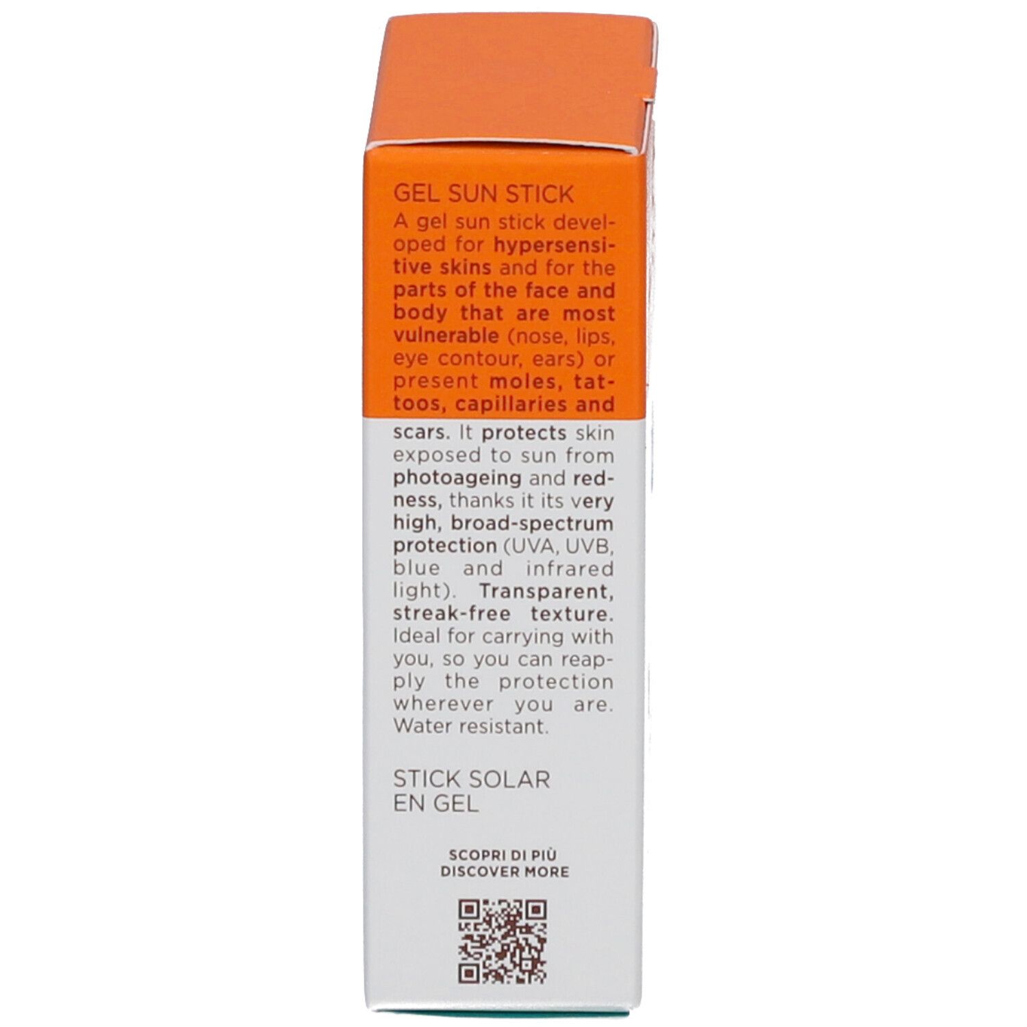 Emballage, texte: Gel Sun Stick, pour peaux sensibles, protège du photo-vieillissement. Code QR. Marque: Collistar.