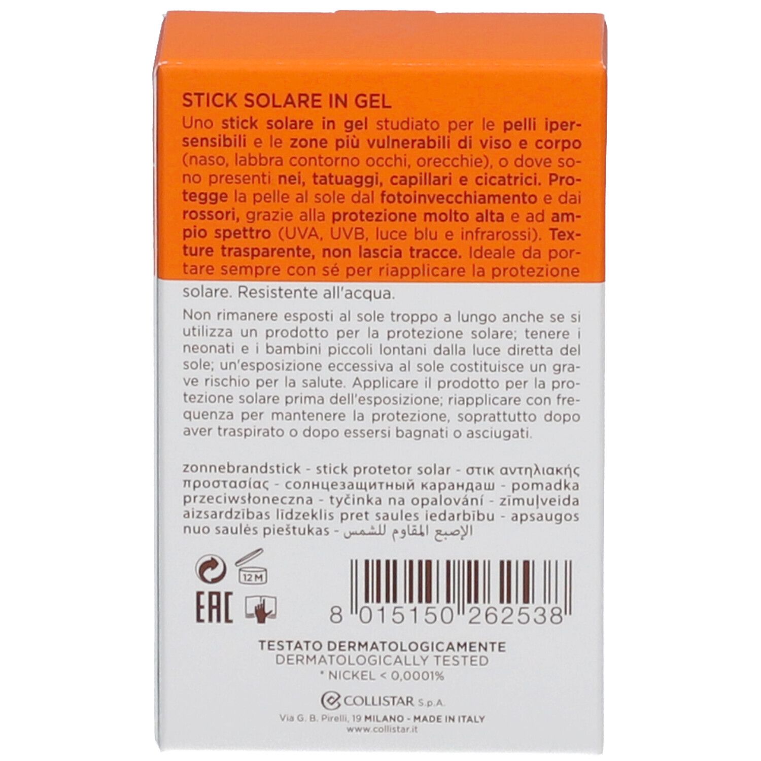 Dos de l'emballage. Texte: Stick Solaire in Gel, testé dermatologiquement, testé au nickel. Marque: Collistar.