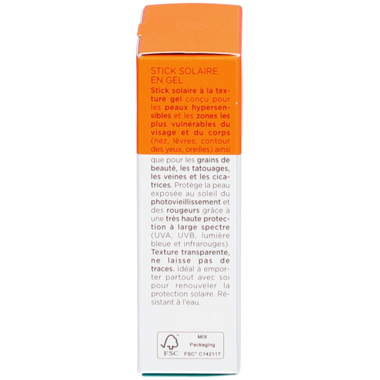 Emballage, texte: Stick Solaire in Gel, pour peaux sensibles, protège du photo-vieillissement. Certification FSC.