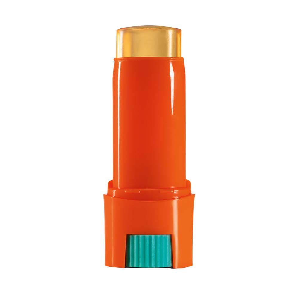 Stick solaire orange, avec protection transparente et jaune. Mécanisme rotatif bleu.
