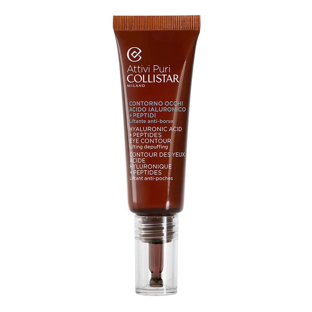 Tube marron avec texte. Attivi Puri Collistar. Contorno Occhi Acido Ialuronico + Peptidi. Eye Contour. Lifting.