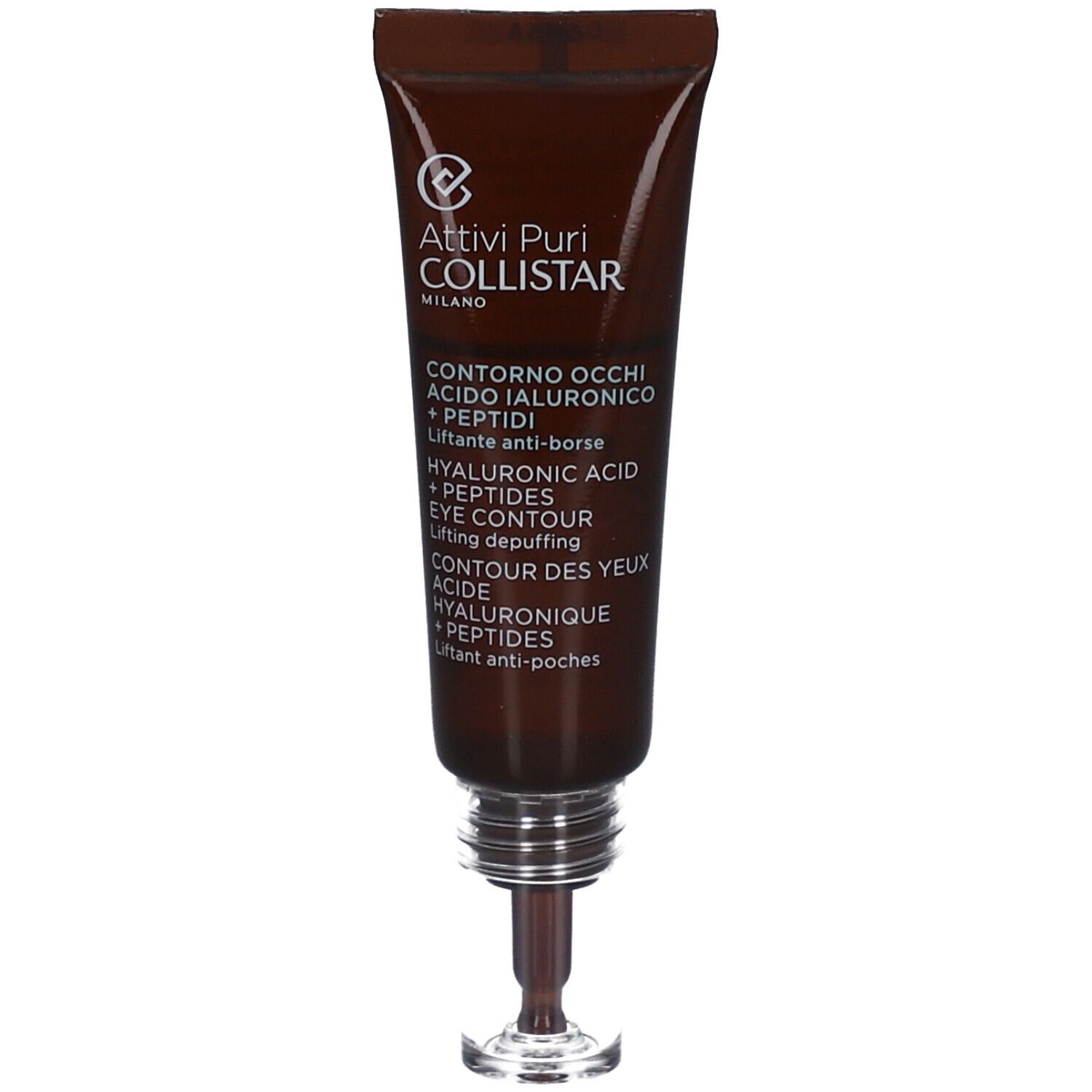 Tube marron avec texte. Attivi Puri Collistar. Contorno Occhi Acido Ialuronico + Peptidi. Eye Contour. Contenu visible.
