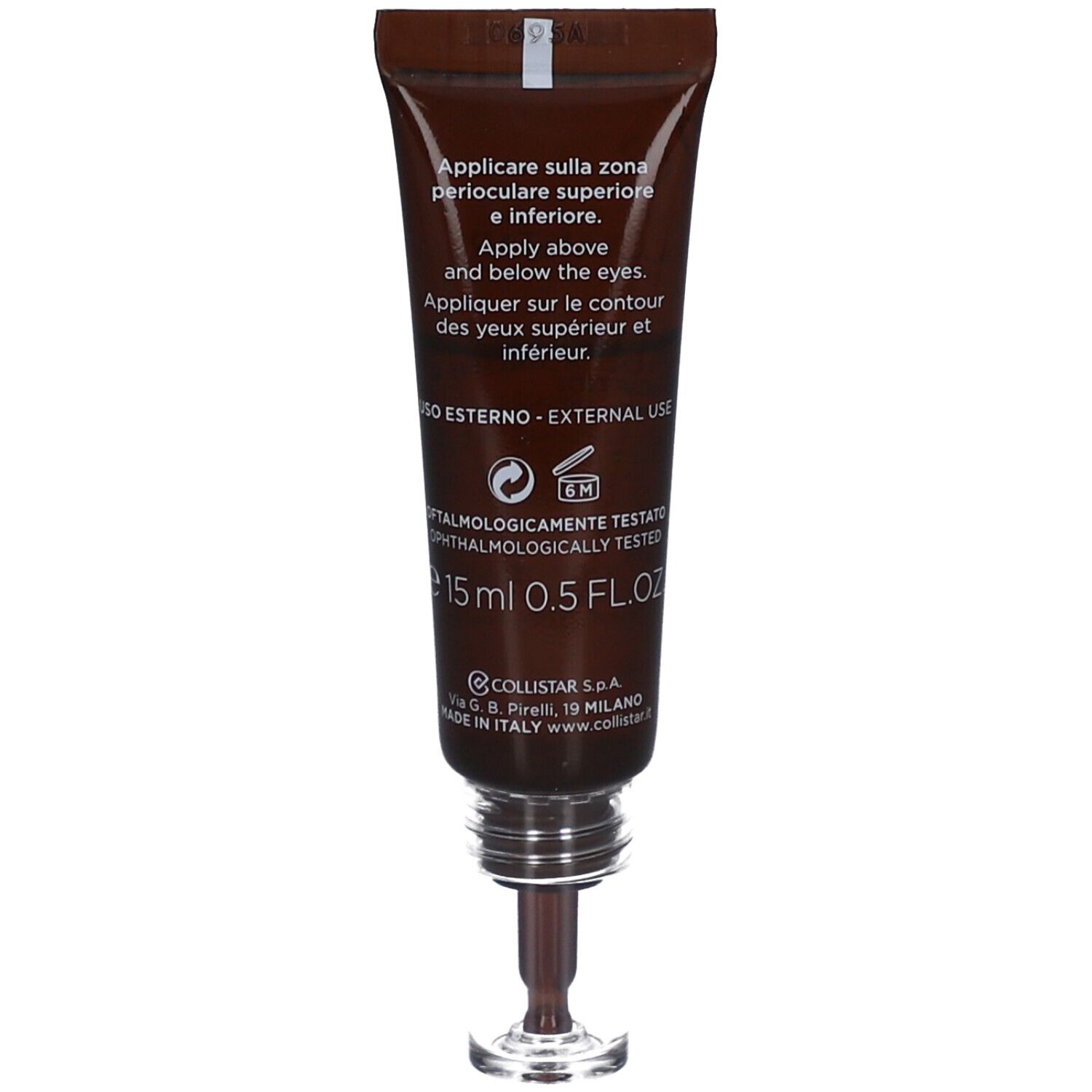 Dos du tube. Texte: Applicare sulla zona perioculare superiore e inferiore. 15 ml. 0.5 FL.OZ. Testé dermatologiquement.