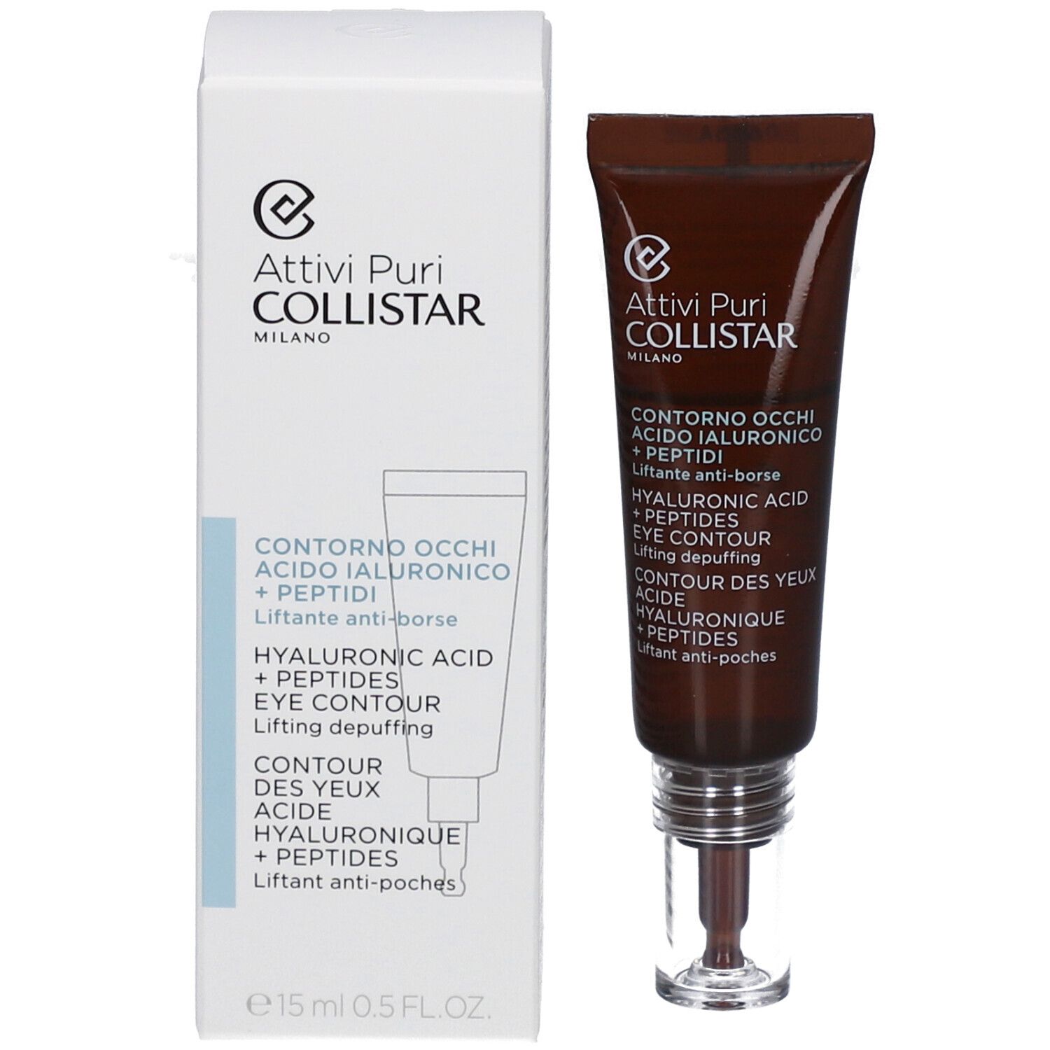Produit et emballage. Attivi Puri Collistar. Contorno Occhi Acido Ialuronico + Peptidi. Eye Contour. 15 ml. 0.5 FL.OZ.