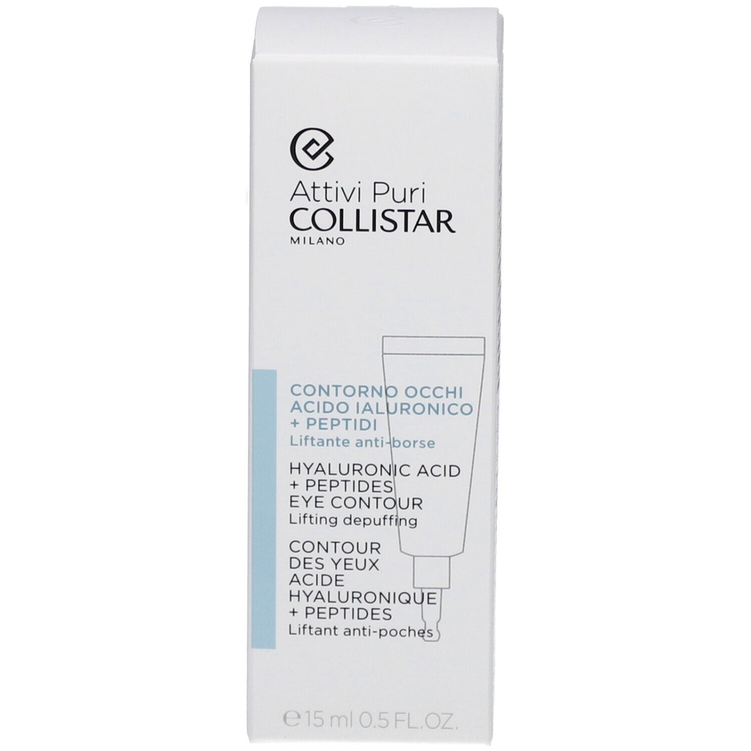 Emballage. Attivi Puri Collistar. Contorno Occhi Acido Ialuronico + Peptidi. Eye Contour. 15 ml. 0.5 FL.OZ. Illustration du produit.