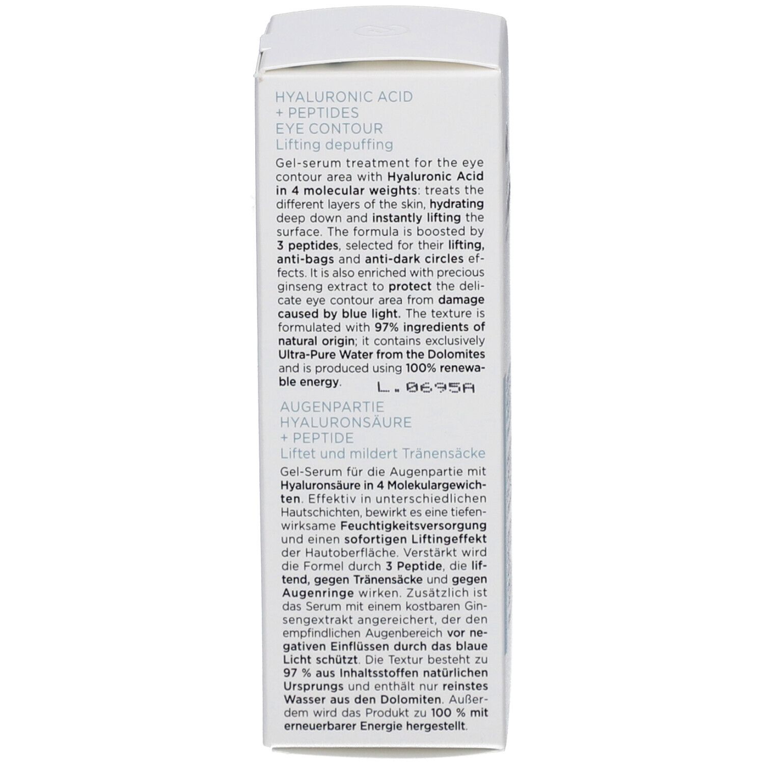 Dos de l'emballage. Texte sur l'acide hyaluronique et les peptides. Contour des yeux. 97% d'ingrédients d'origine naturelle.