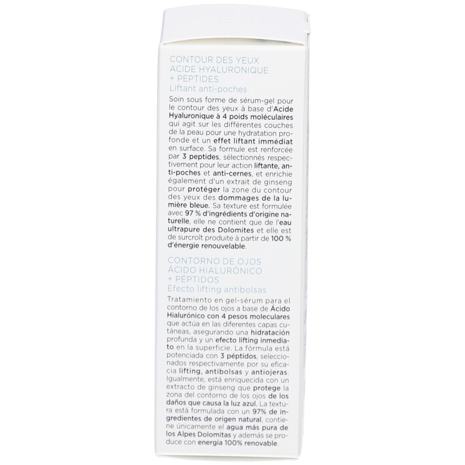 Dos de l'emballage. Texte sur l'acide hyaluronique et les peptides. Contorno de ojos. 97% d'ingrédients naturels.