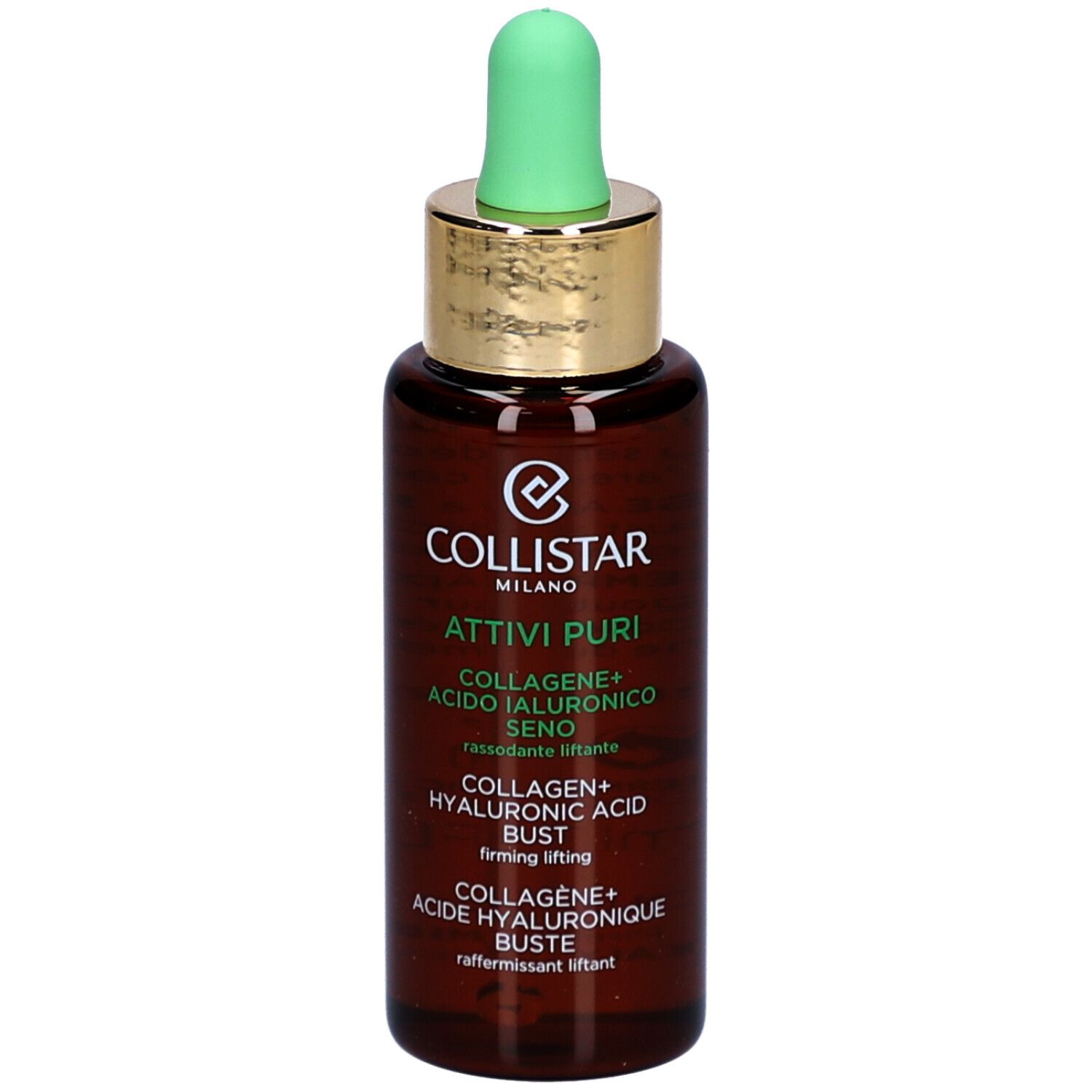 Braune Glasflasche mit grüner Pipette. Aufschrift: Collistar Attivi Puri Kollagen + Hyaluronsäure Büste.