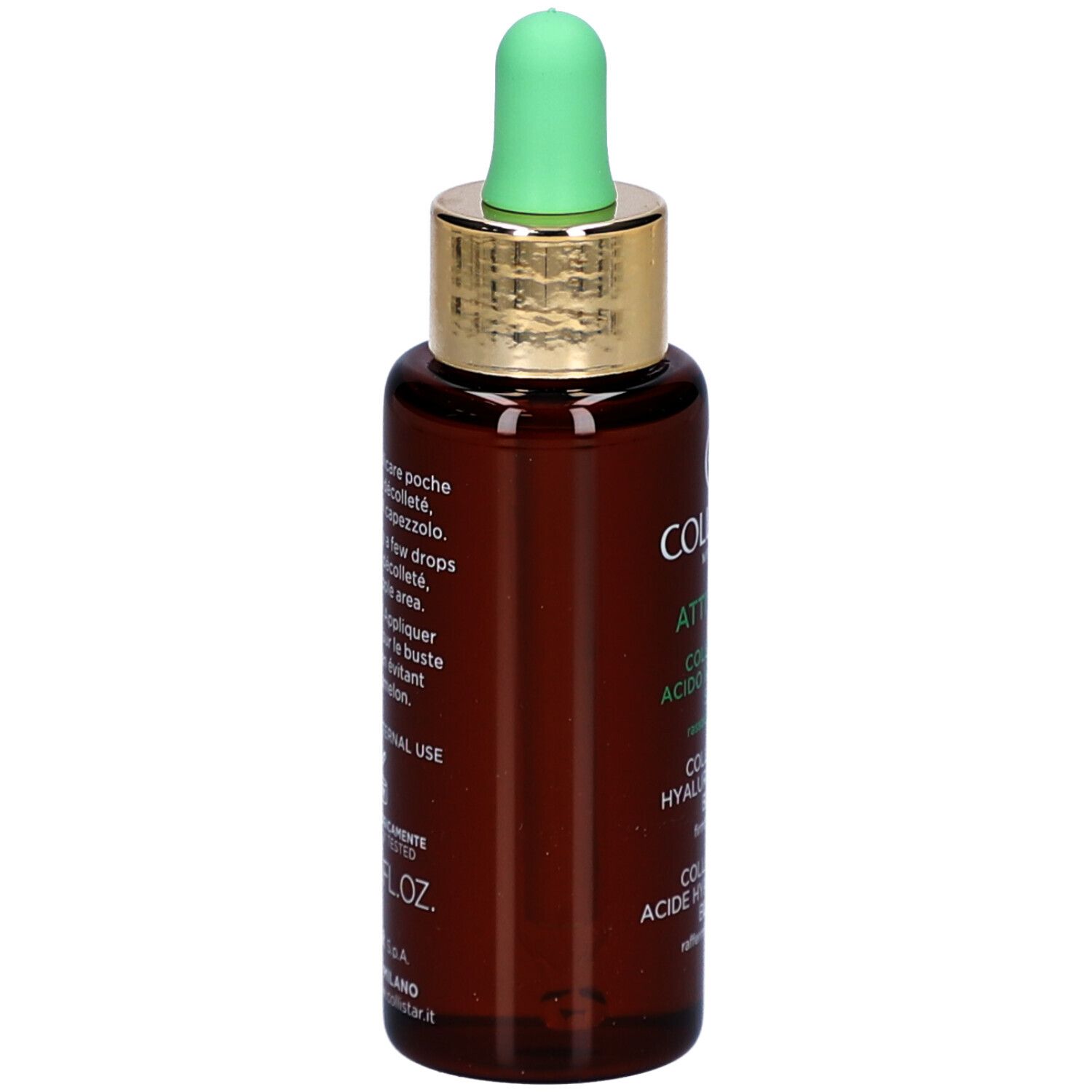 Rückseite der braunen Glasflasche. Text: Anwendungshinweise in mehreren Sprachen. Dermatologisch getestet.
