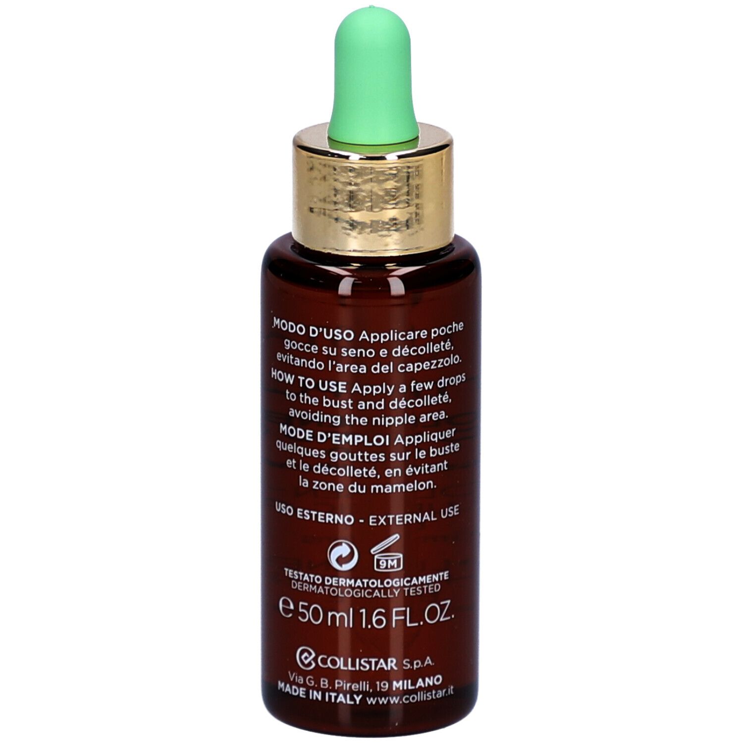 Rückseite der braunen Glasflasche. Text: Anwendungshinweise, dermatologisch getestet, 50 ml.