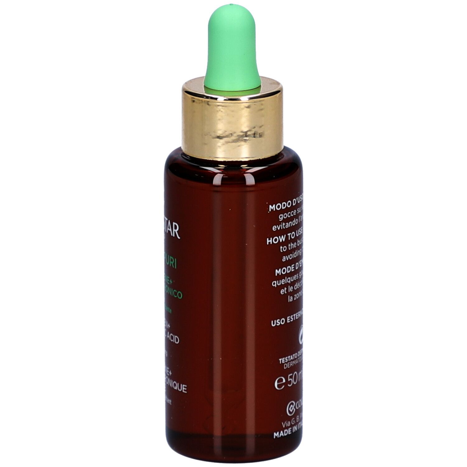 Rückseite der braunen Glasflasche. Text: Anwendungshinweise, dermatologisch getestet, 50 ml.