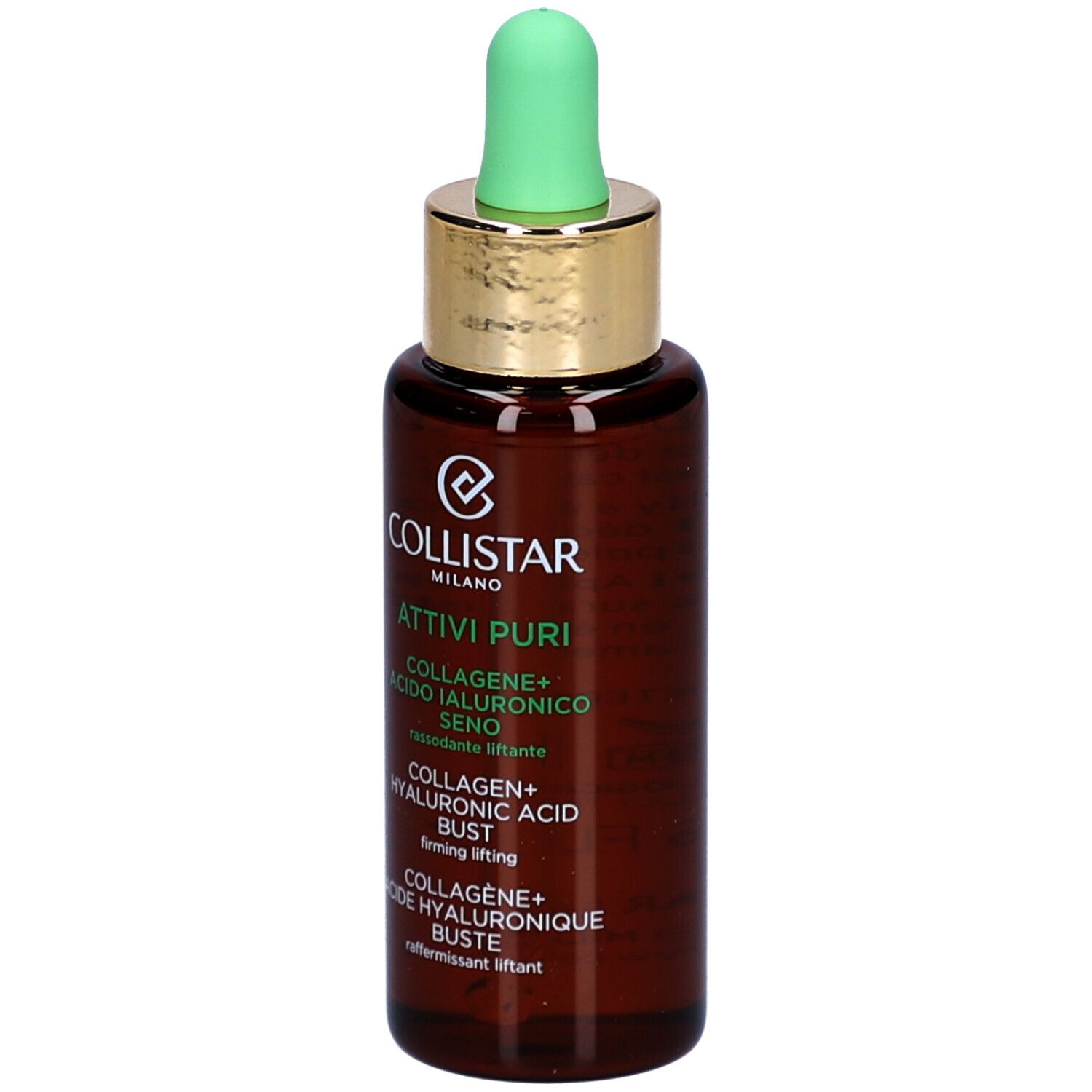 Braune Glasflasche mit grüner Pipette. Aufschrift: Collistar Attivi Puri Kollagen + Hyaluronsäure Büste.