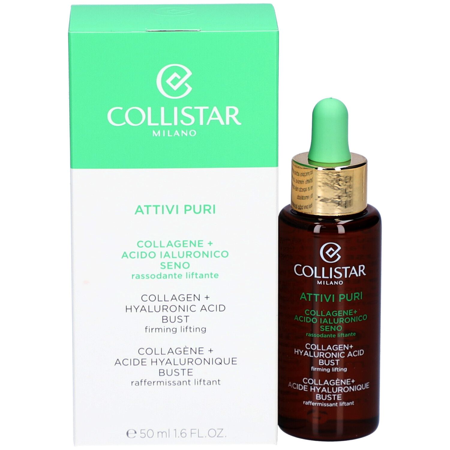 Produktverpackung und Flasche. Grüne Schachtel mit Flasche. Aufschrift: Collistar Attivi Puri Kollagen + Hyaluronsäure Büste.
