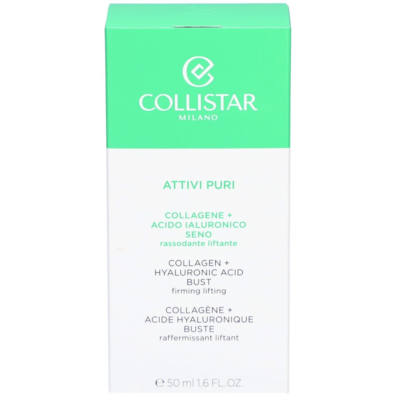 Grüne Produktverpackung. Aufschrift: Collistar Attivi Puri Kollagen + Hyaluronsäure Büste.