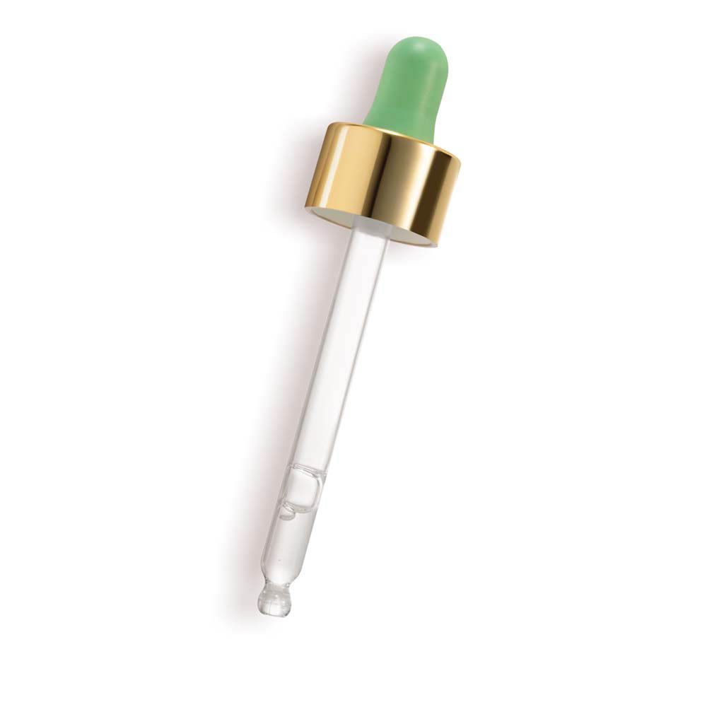 Pipette verte. Fermeture dorée. Sur fond blanc.