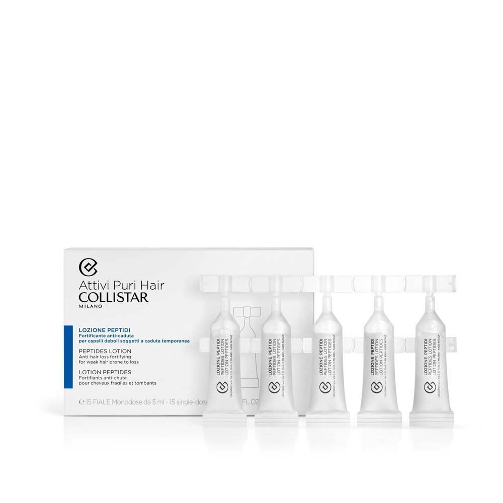 Emballage du produit avec ampoules. Texte : Attivi Puri Hair Collistar, Lozione Peptidi, Peptides Lotion, Lotion Peptides.