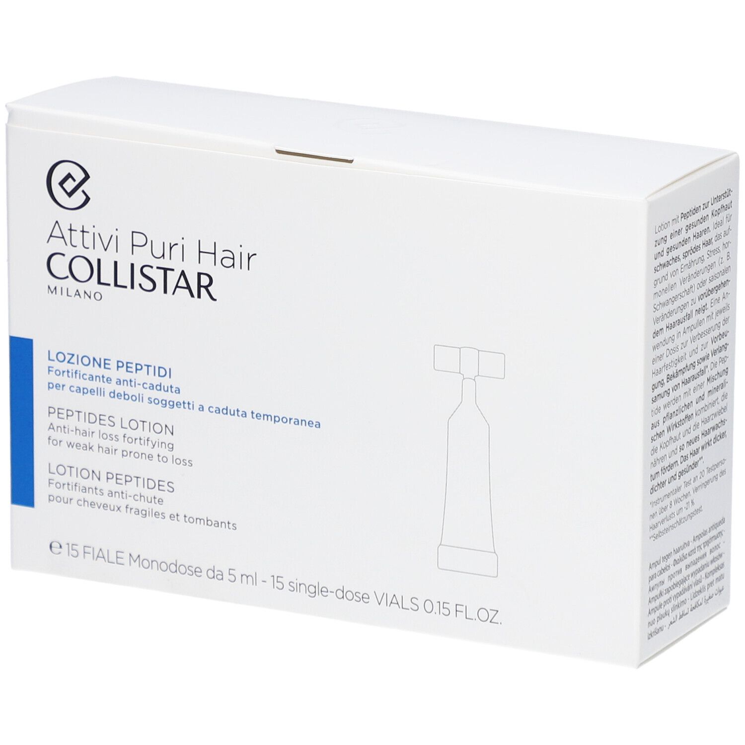 Boîte blanche avec impression du produit. Texte : Attivi Puri Hair Collistar, Lozione Peptidi, Peptides Lotion, Lotion Peptides.