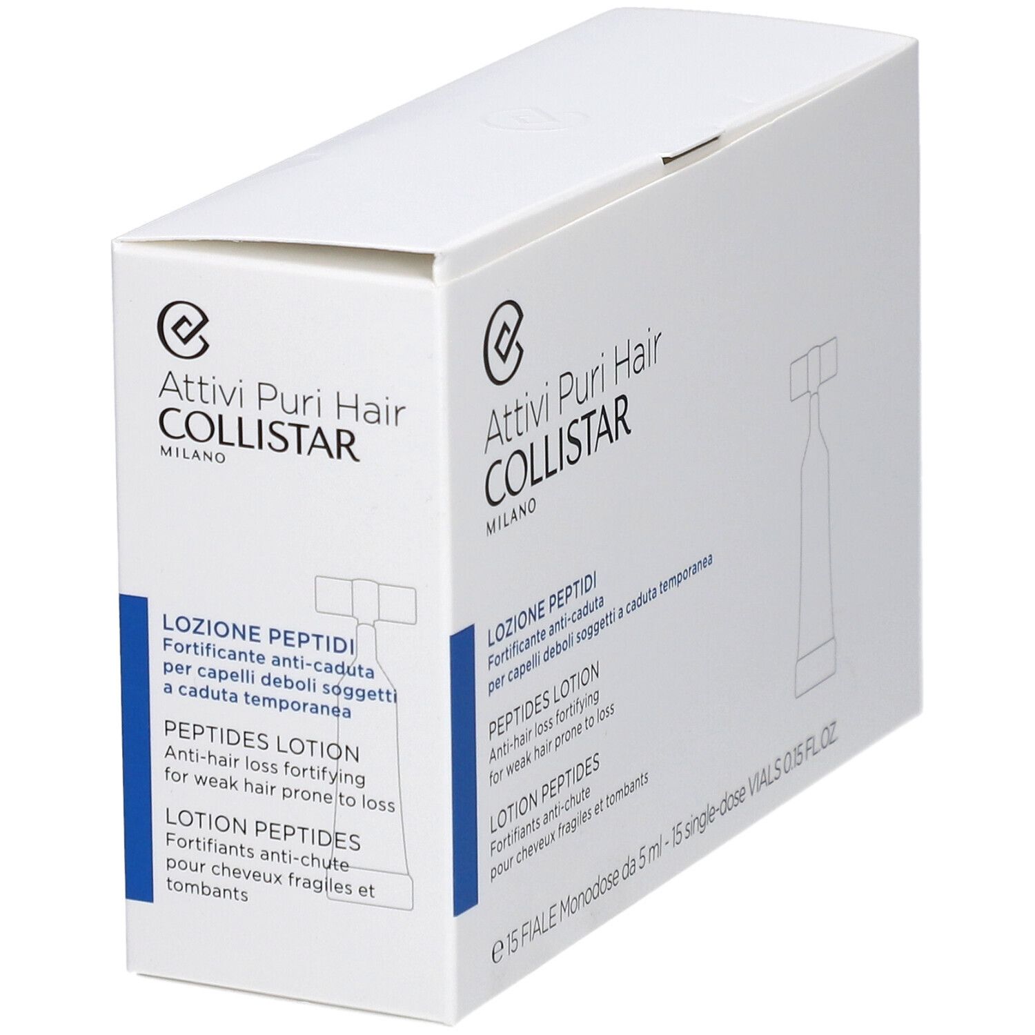 Boîte blanche avec impression du produit. Texte : Attivi Puri Hair Collistar, Lozione Peptidi, Peptides Lotion, Lotion Peptides.