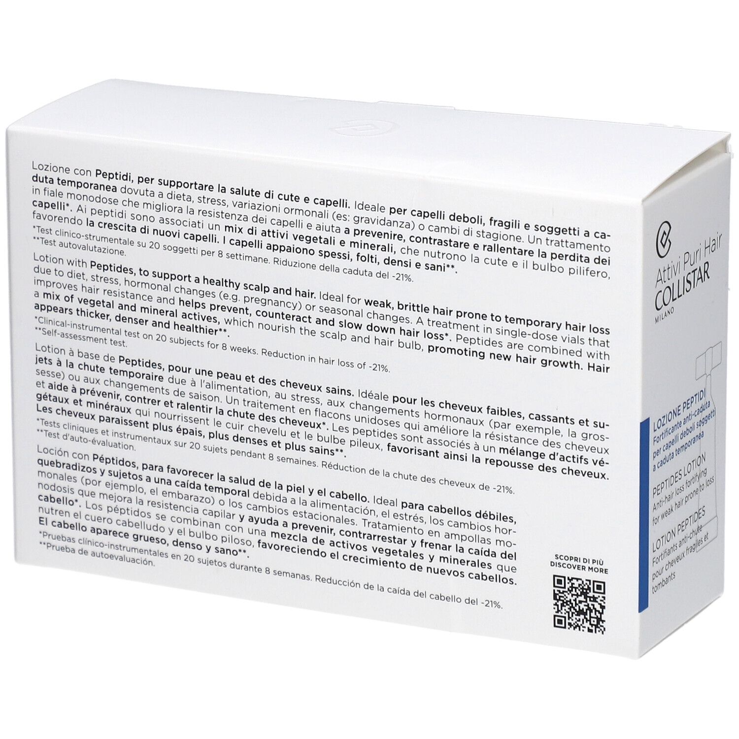 Dos de la boîte blanche avec informations sur le produit. Texte : Attivi Puri Hair Collistar, Lozione Peptidi, Peptides Lotion, Lotion Peptides.