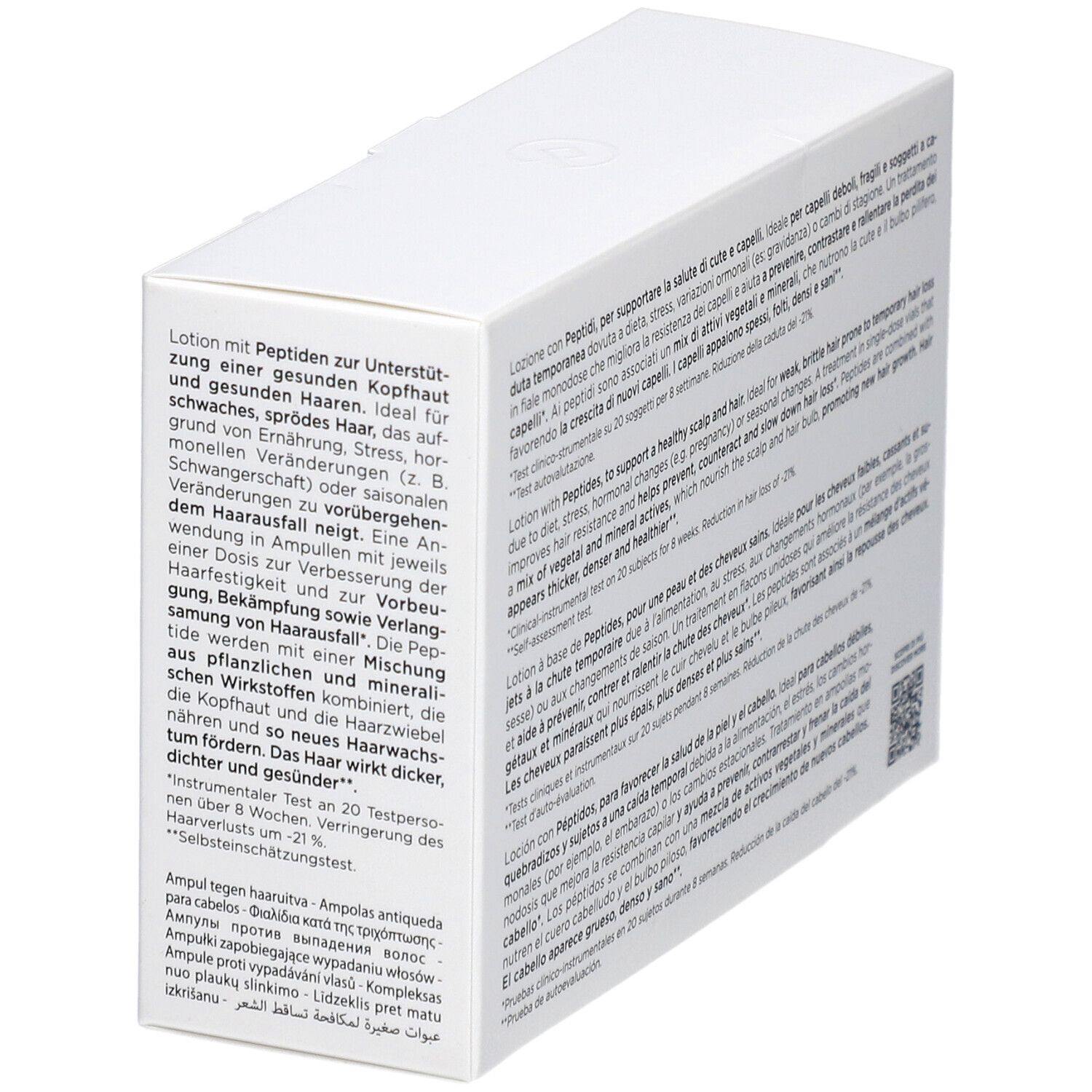 Dos de la boîte blanche avec informations sur le produit. Texte : Attivi Puri Hair Collistar, Lozione Peptidi, Peptides Lotion, Lotion Peptides.