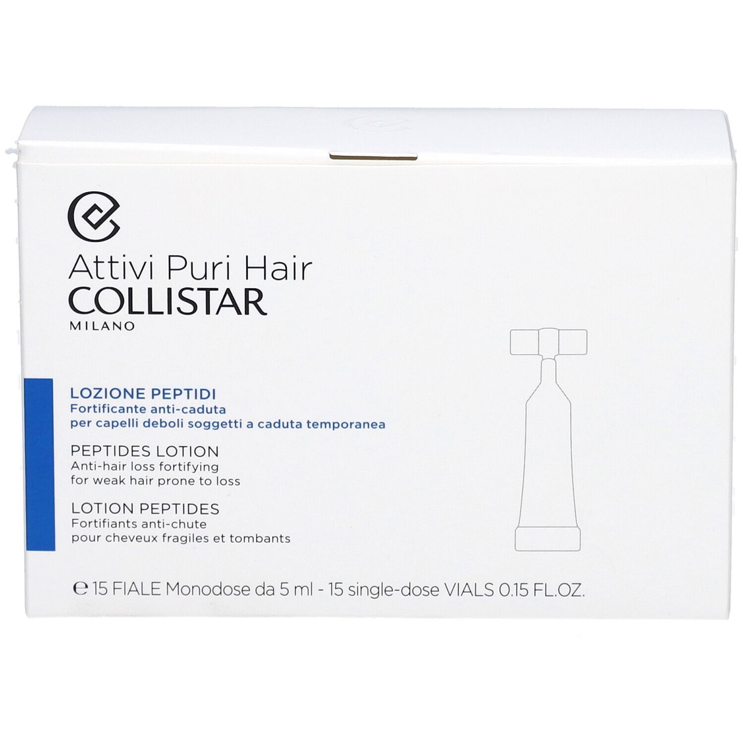 Boîte blanche avec impression du produit. Texte : Attivi Puri Hair Collistar, Lozione Peptidi, Peptides Lotion, Lotion Peptides.