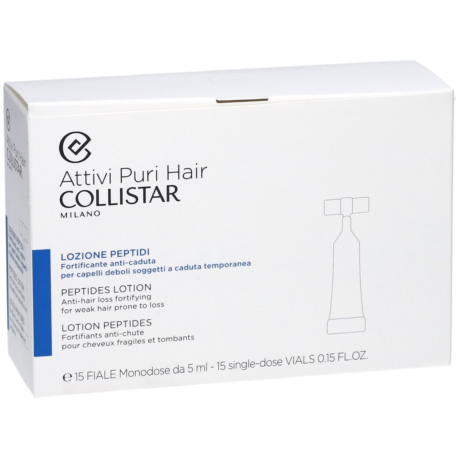 Boîte blanche avec impression du produit. Texte : Attivi Puri Hair Collistar, Lozione Peptidi, Peptides Lotion, Lotion Peptides.