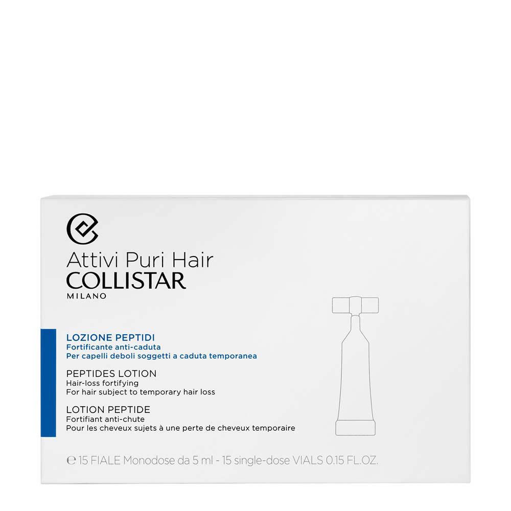 Emballage du produit avec ampoules. Texte : Attivi Puri Hair Collistar, Lozione Peptidi, Peptides Lotion, Lotion Peptides.