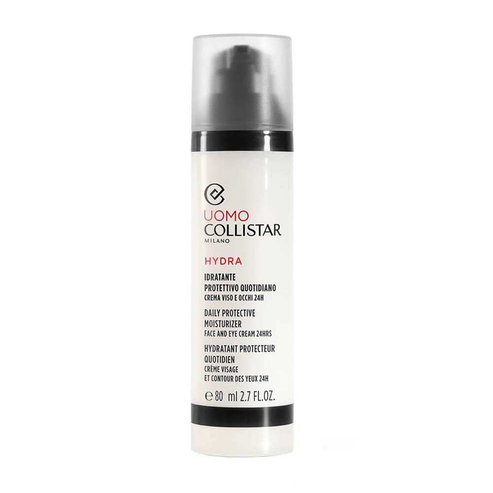 Flacon de crème avec bouchon noir. Texte: Uomo Collistar, Hydra, 80 ml, 2.7 FL.OZ.