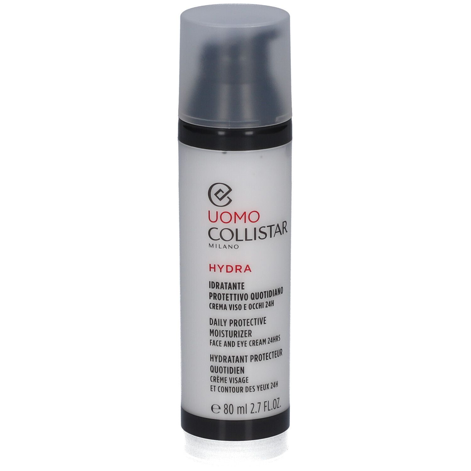 Creme-Flakon mit schwarzem Deckel. Text: Uomo Collistar, Hydra, 80 ml, 2.7 FL.OZ.