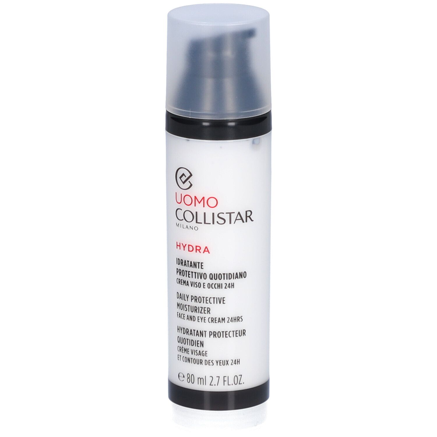 Creme-Flakon mit schwarzem Deckel. Text: Uomo Collistar, Hydra, 80 ml, 2.7 FL.OZ.