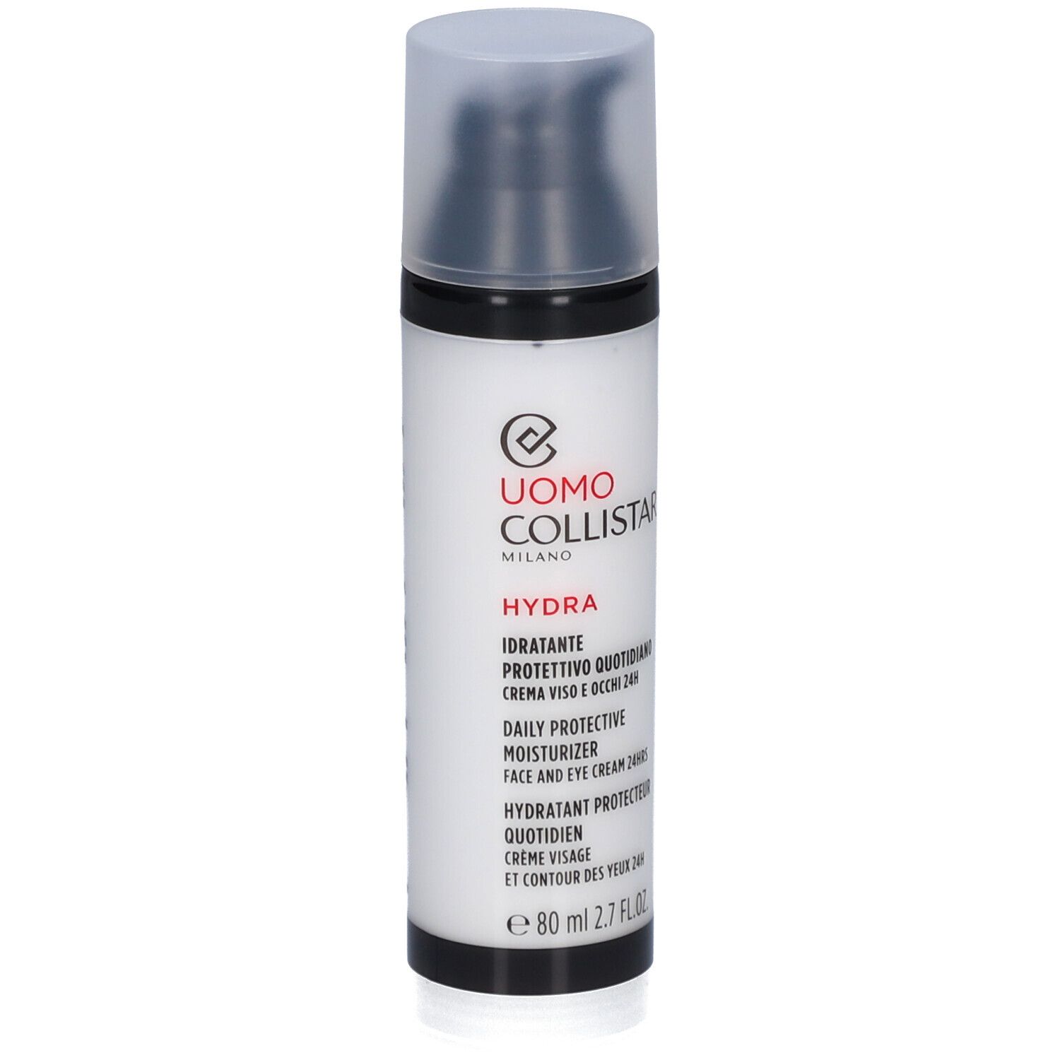 Creme-Flakon mit schwarzem Deckel. Text: Uomo Collistar, Hydra, 80 ml, 2.7 FL.OZ.