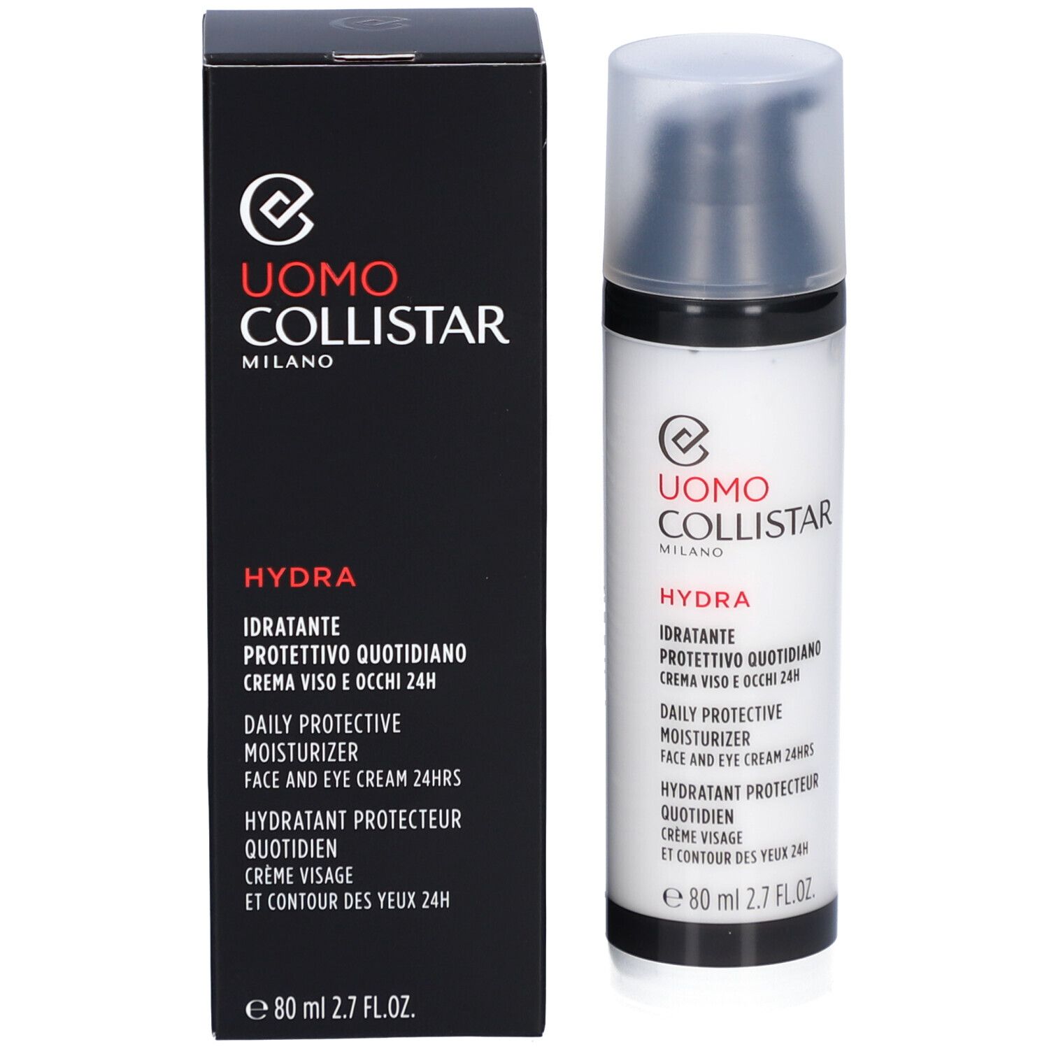Produkt und Verpackung. Schwarze Schachtel und Creme-Flakon. Text: Uomo Collistar, Hydra, 80 ml.