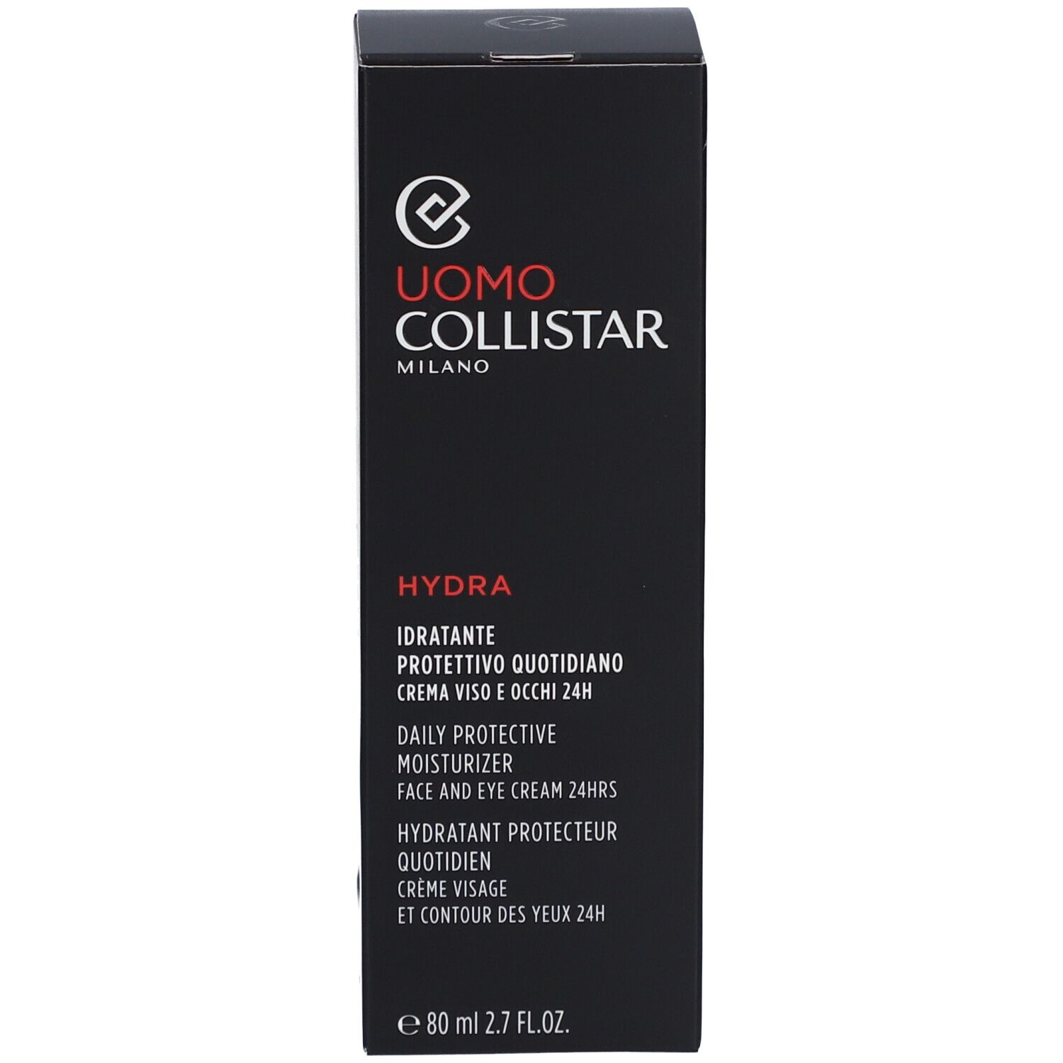 Schwarze Schachtel. Text: Uomo Collistar, Hydra, 80 ml, 2.7 FL.OZ.