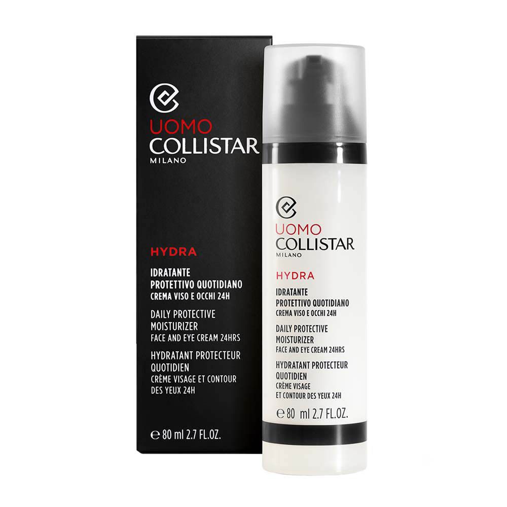 Produit et emballage. Boîte noire et flacon de crème. Texte: Uomo Collistar, Hydra, 80 ml.