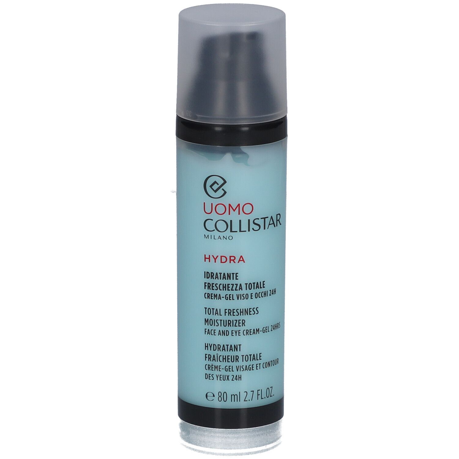 Flacon cylindrique bleu et noir. Texte: Uomo Collistar, Hydra, Total Freshness Moisturizer, 80 ml.