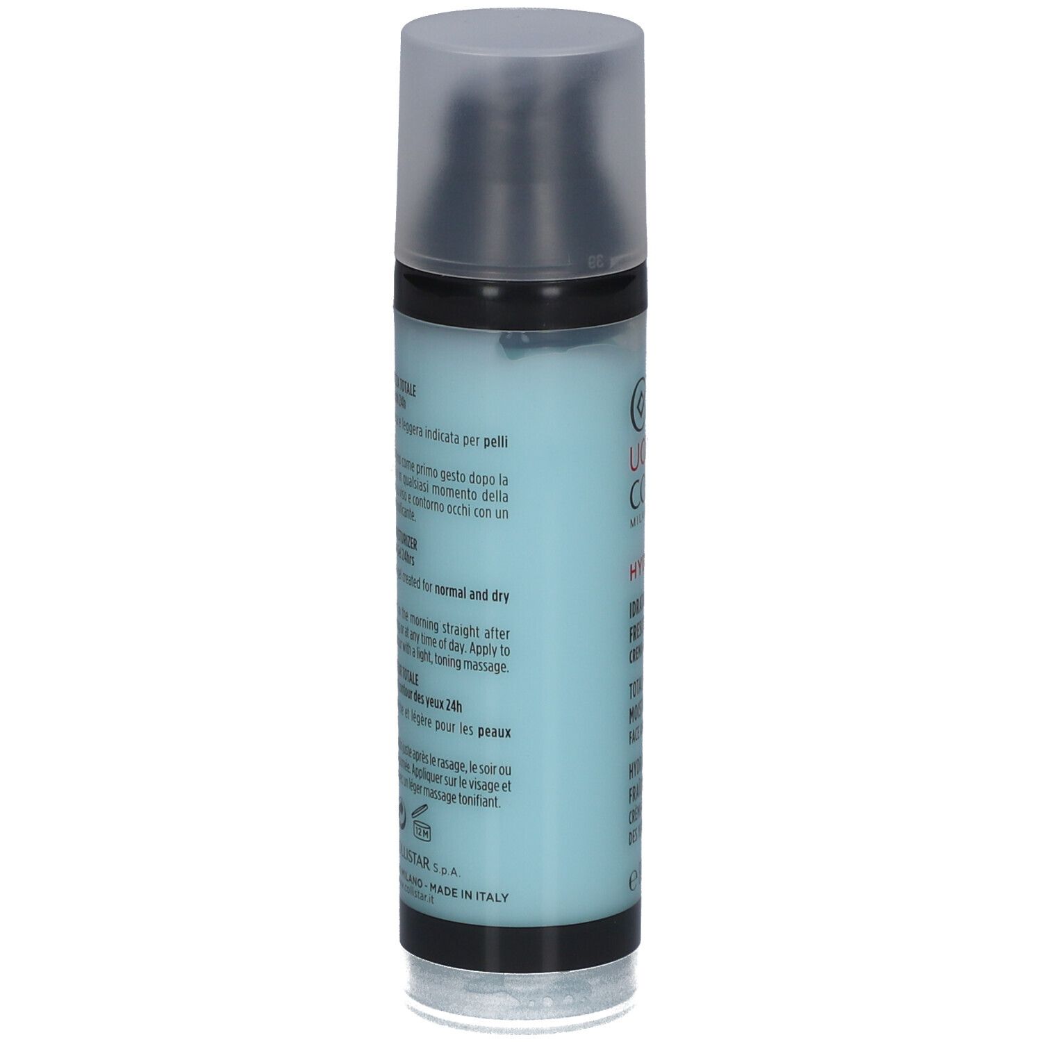 Flacon cylindrique bleu et noir. Texte en italien. Made in Italy.