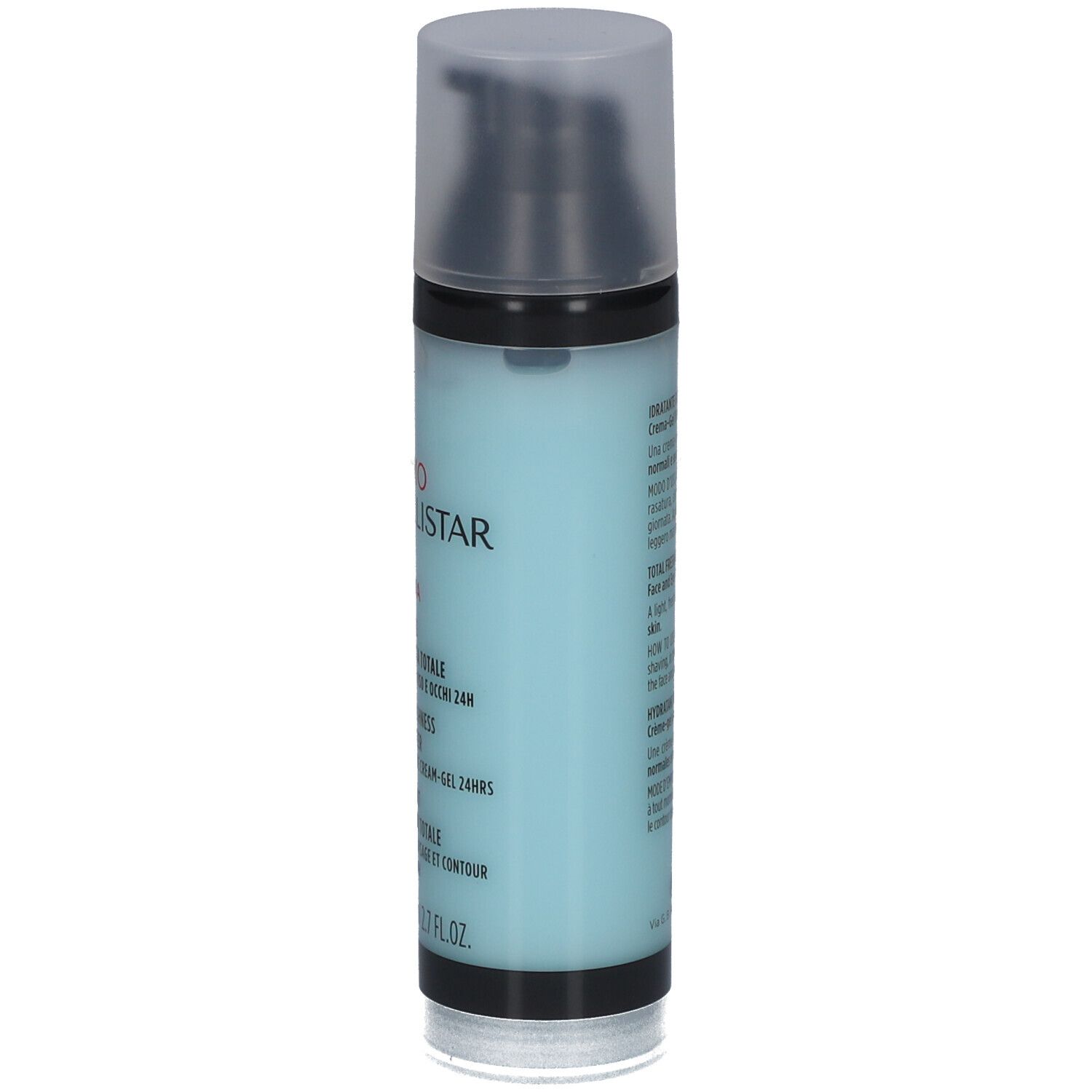 Flacon cylindrique bleu et noir. Texte: Uomo Collistar, Hydra, Total Freshness Moisturizer, 80 ml.