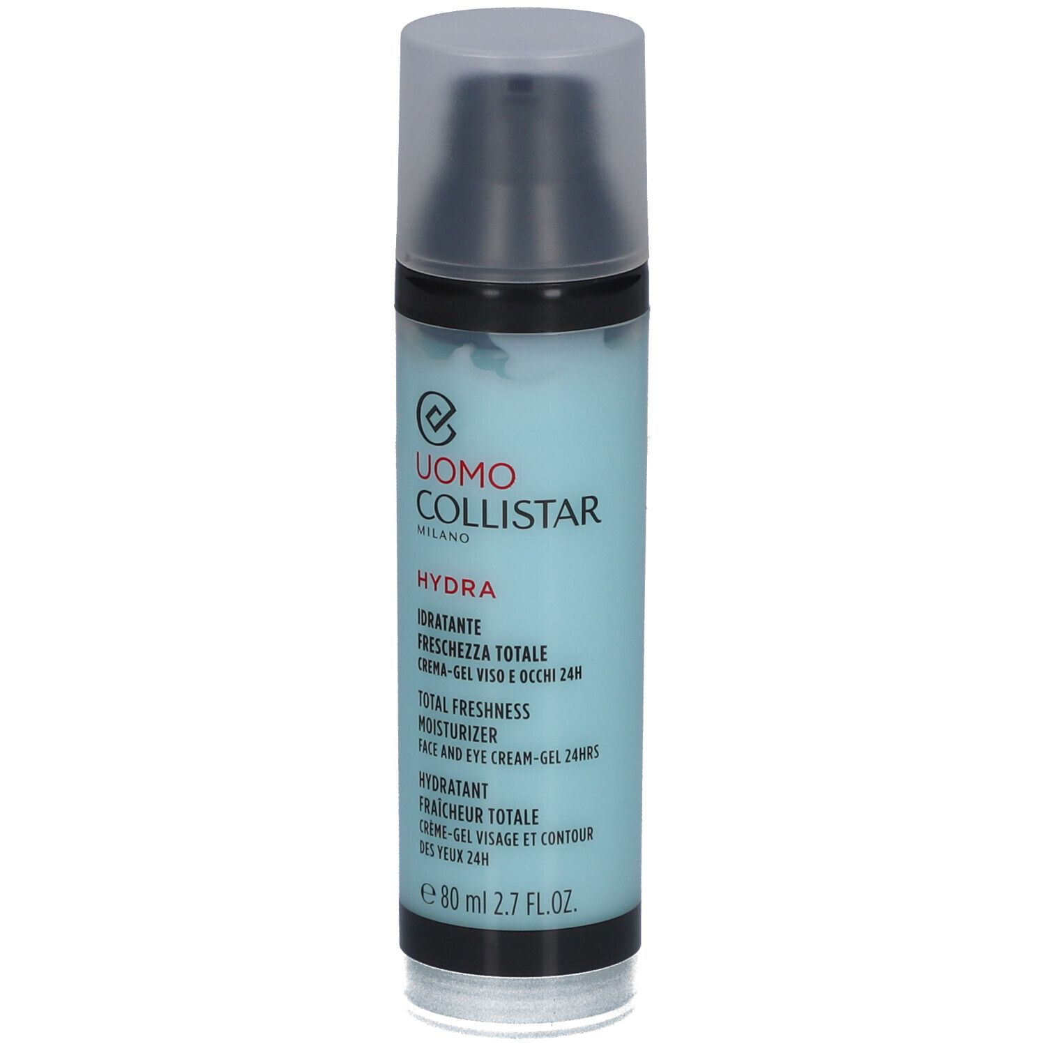Flacon cylindrique bleu et noir. Texte: Uomo Collistar, Hydra, Total Freshness Moisturizer, 80 ml.