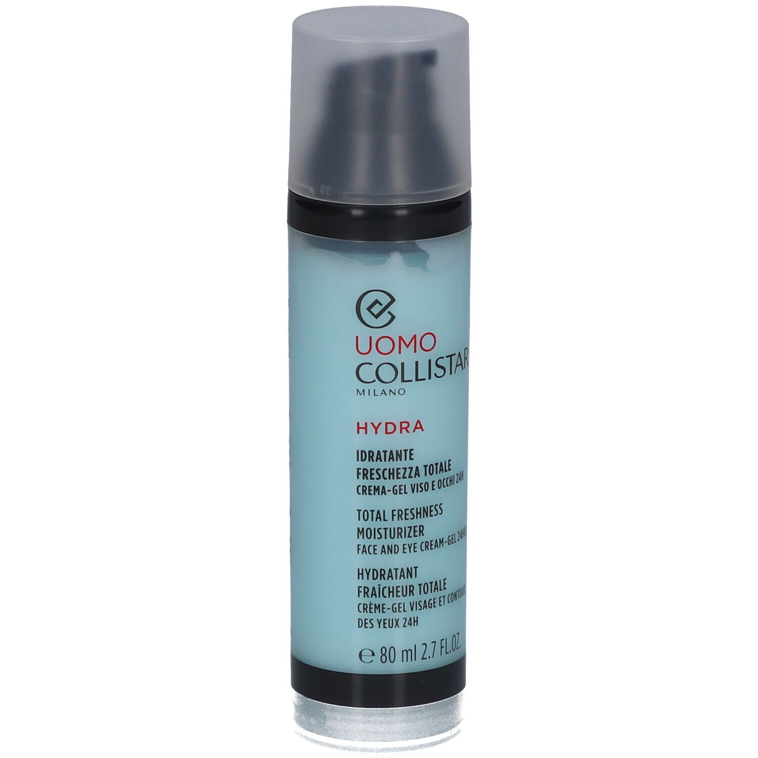 Flacon cylindrique bleu et noir. Texte: Uomo Collistar, Hydra, Total Freshness Moisturizer, 80 ml.