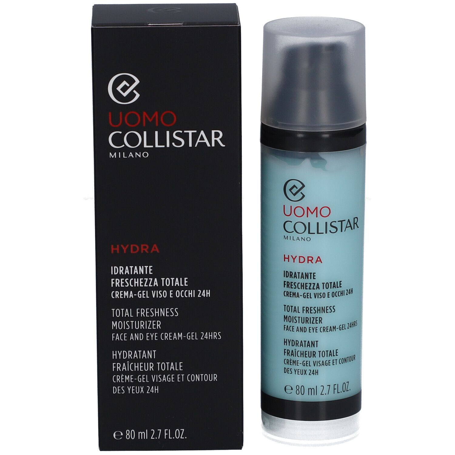 Flacon et emballage noir. Texte: Uomo Collistar, Hydra, Total Freshness Moisturizer, 80 ml.