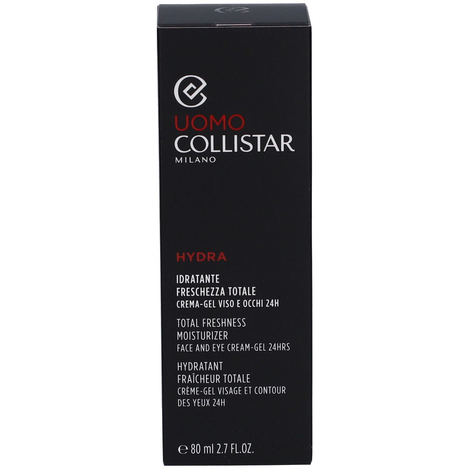 Emballage noir. Texte: Uomo Collistar, Hydra, Total Freshness Moisturizer, 80 ml.