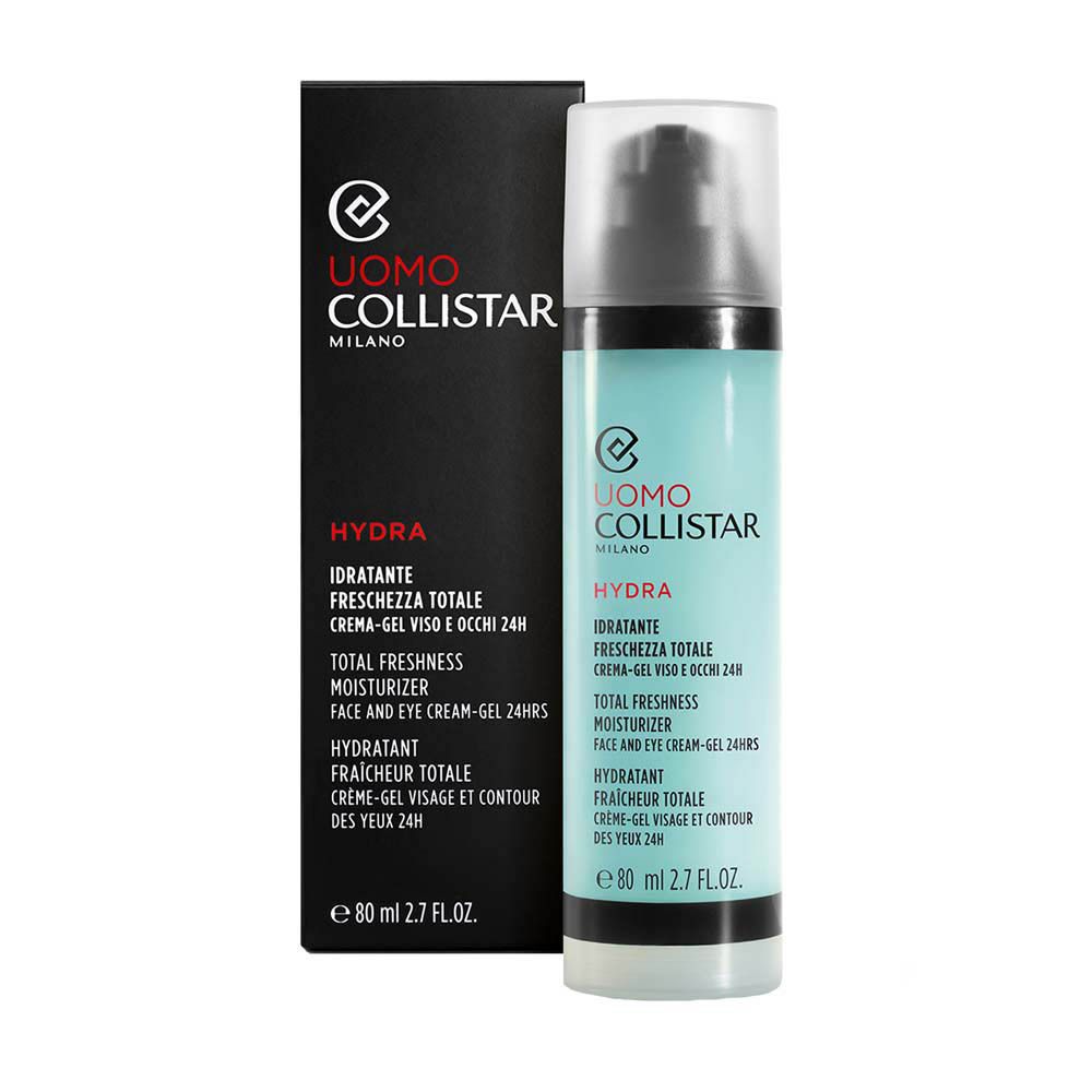 Flacon et emballage noir. Texte: Uomo Collistar, Hydra, Total Freshness Moisturizer, 80 ml.