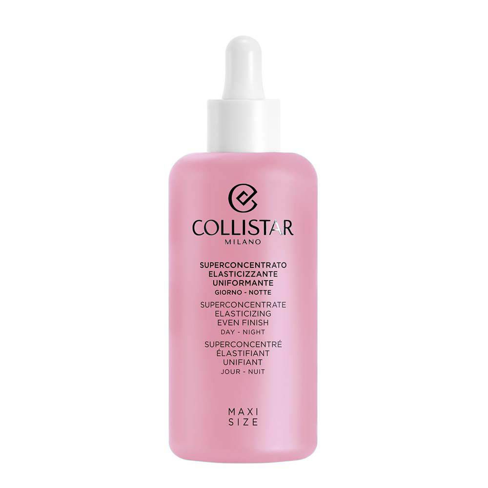 Flacon rose avec bouchon blanc et pipette. Texte: Collistar, Superconcentré Élastifiant Unifiant Jour-Nuit. Maxi Size.