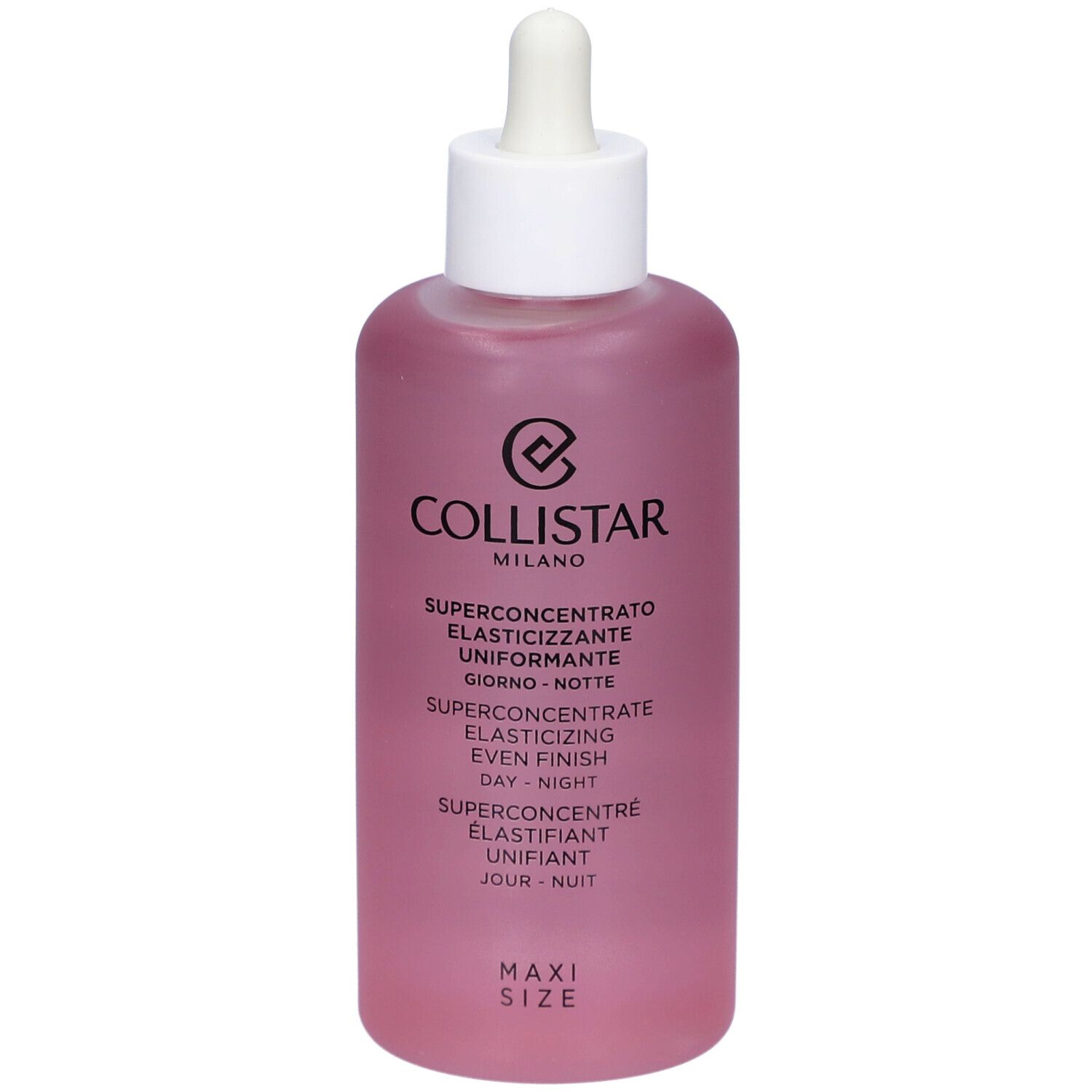 Rosa Flasche mit weißem Deckel und Pipette. Text: Collistar, Superconcentrate Elasticizing Even Finish Day-Night.