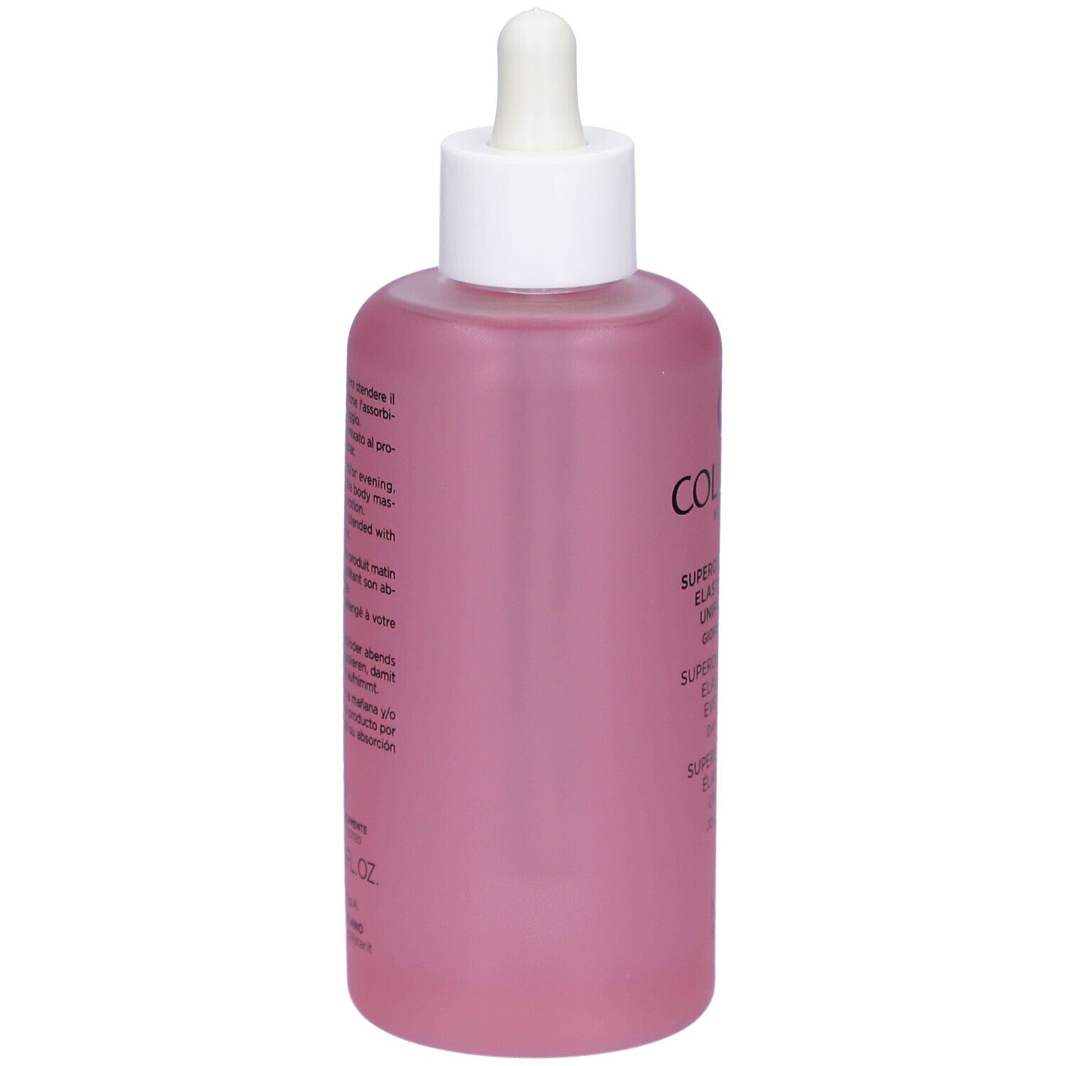 Rückseite einer rosa Flasche mit weißem Deckel und Pipette. Text: Collistar, Superconcentrate Elasticizing Even Finish Day-Night.