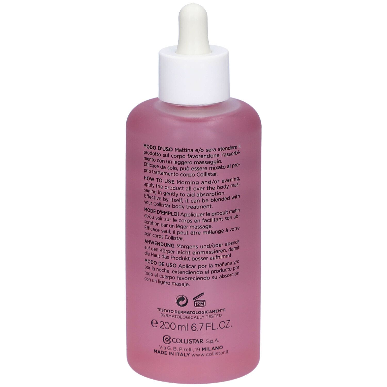 Rückseite einer rosa Flasche mit weißem Deckel und Pipette. Text in mehreren Sprachen. 200 ml.