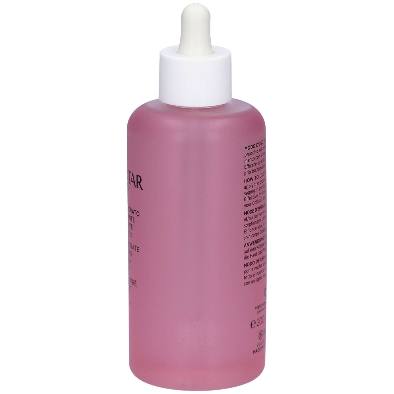 Rückseite einer rosa Flasche mit weißem Deckel und Pipette. Text: Collistar, Superconcentrate Elasticizing Even Finish Day-Night.