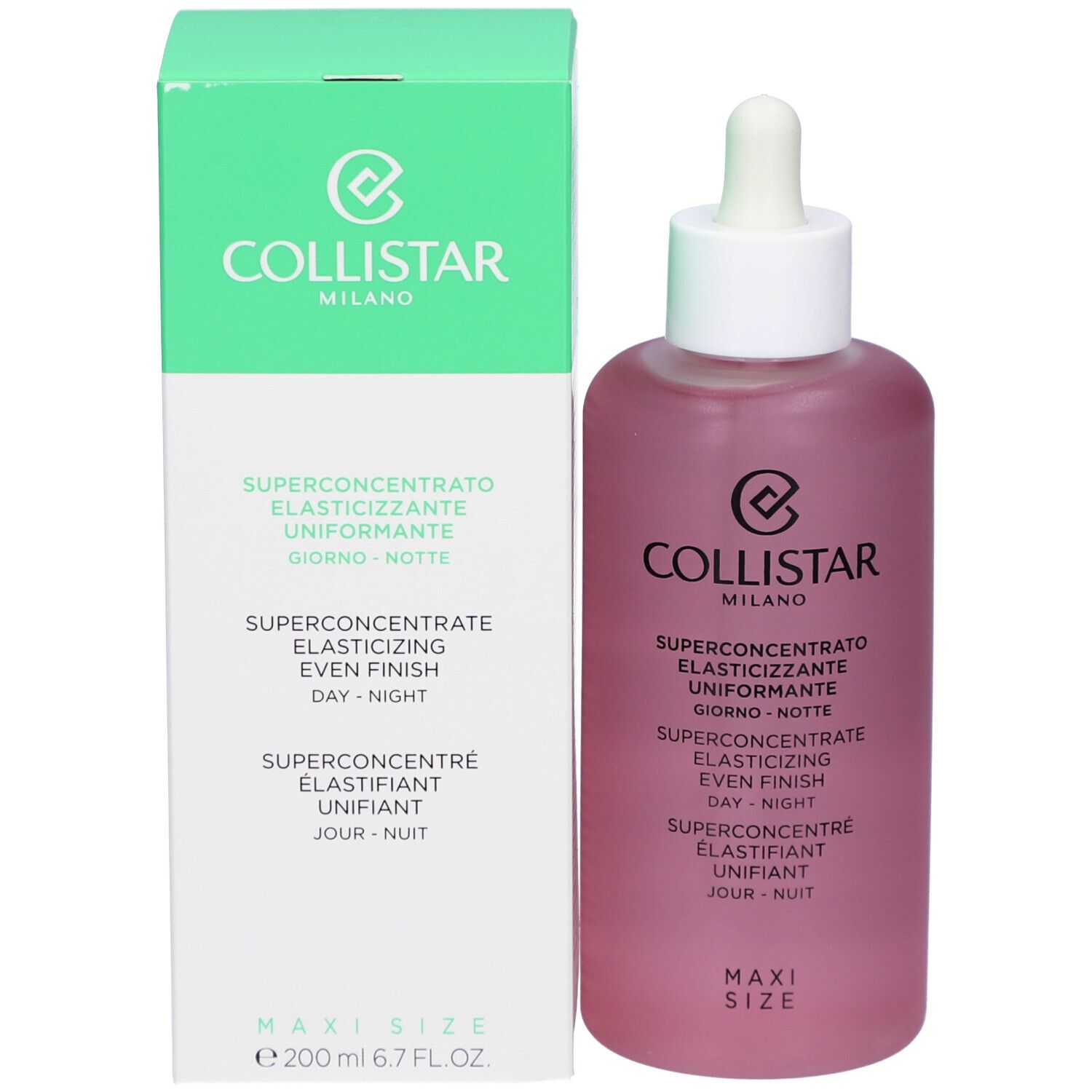 Produktverpackung und Flasche. Text: Collistar, Superconcentrate Elasticizing Even Finish Day-Night. Maxi Size. 200 ml.
