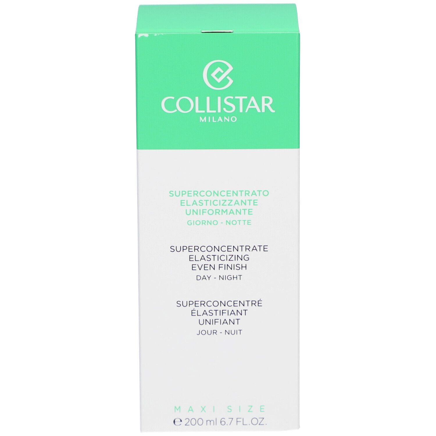 Produktverpackung. Text: Collistar, Superconcentrate Elasticizing Even Finish Day-Night. Maxi Size. 200 ml.